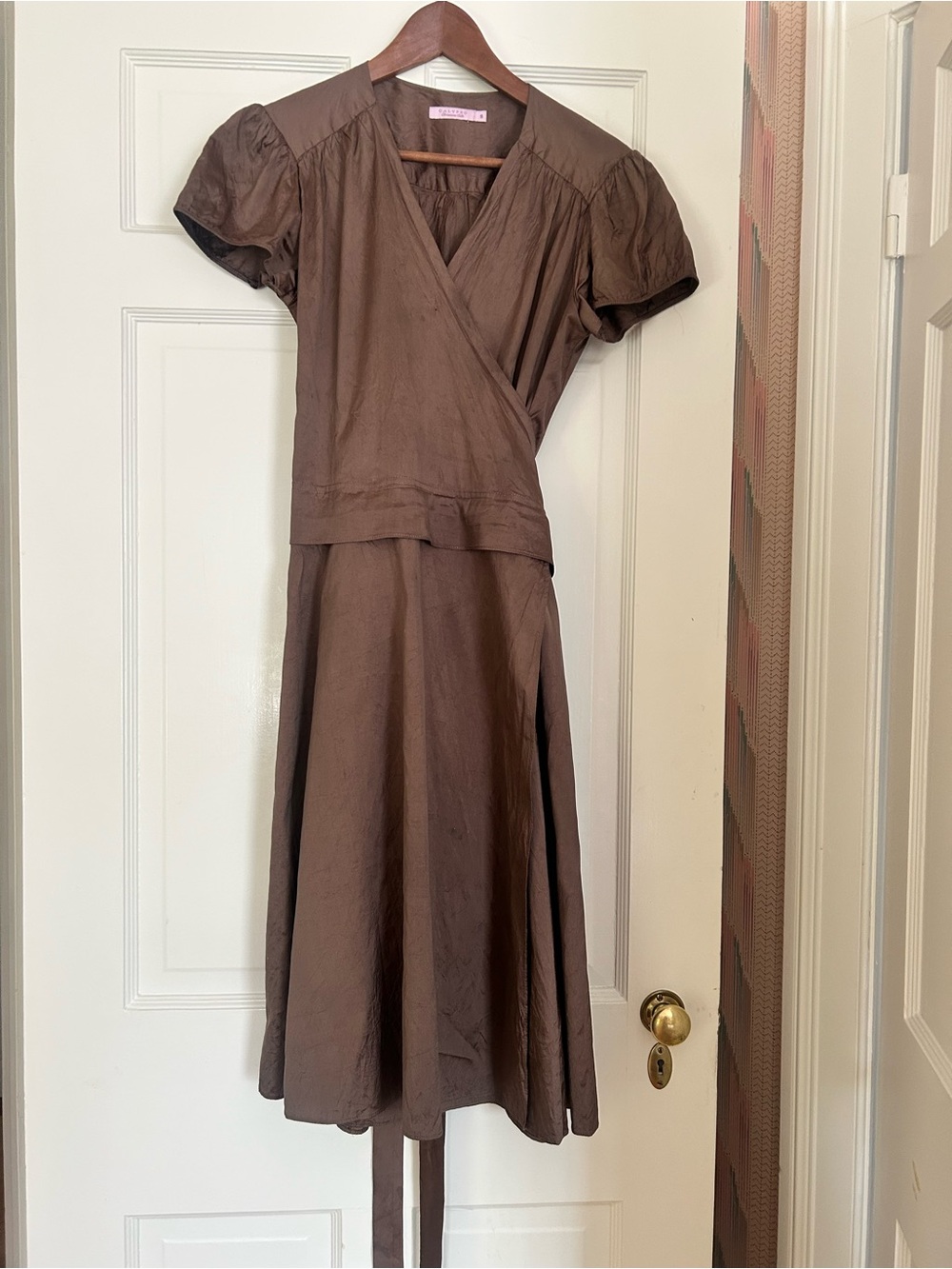 Calypso St. Barth Brown Wrap-Style Midi Dress with Puff Sleeves
